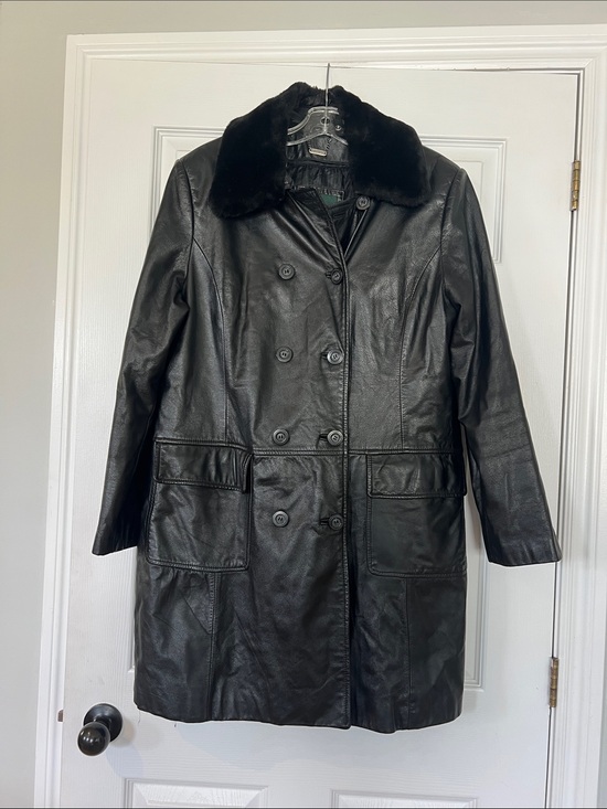 Danier Jackets & Blazers - Danier Black Leather Double-Breasted Coat with Faux Fur Collar